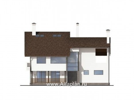 Проект двухэтажного дома, планировка с гостиной на 2 эт, с террасой и навесом на 1 авто, в современном стиле - превью фасада дома