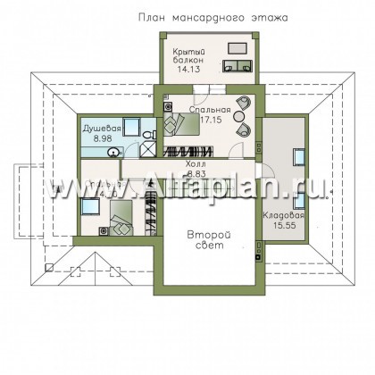 «Волга» - проект дома с мансардой, с террасой, планировка 3 жилых комнаты на 1 эт и второй свет в гостиной, с цокольным этажом - превью план дома