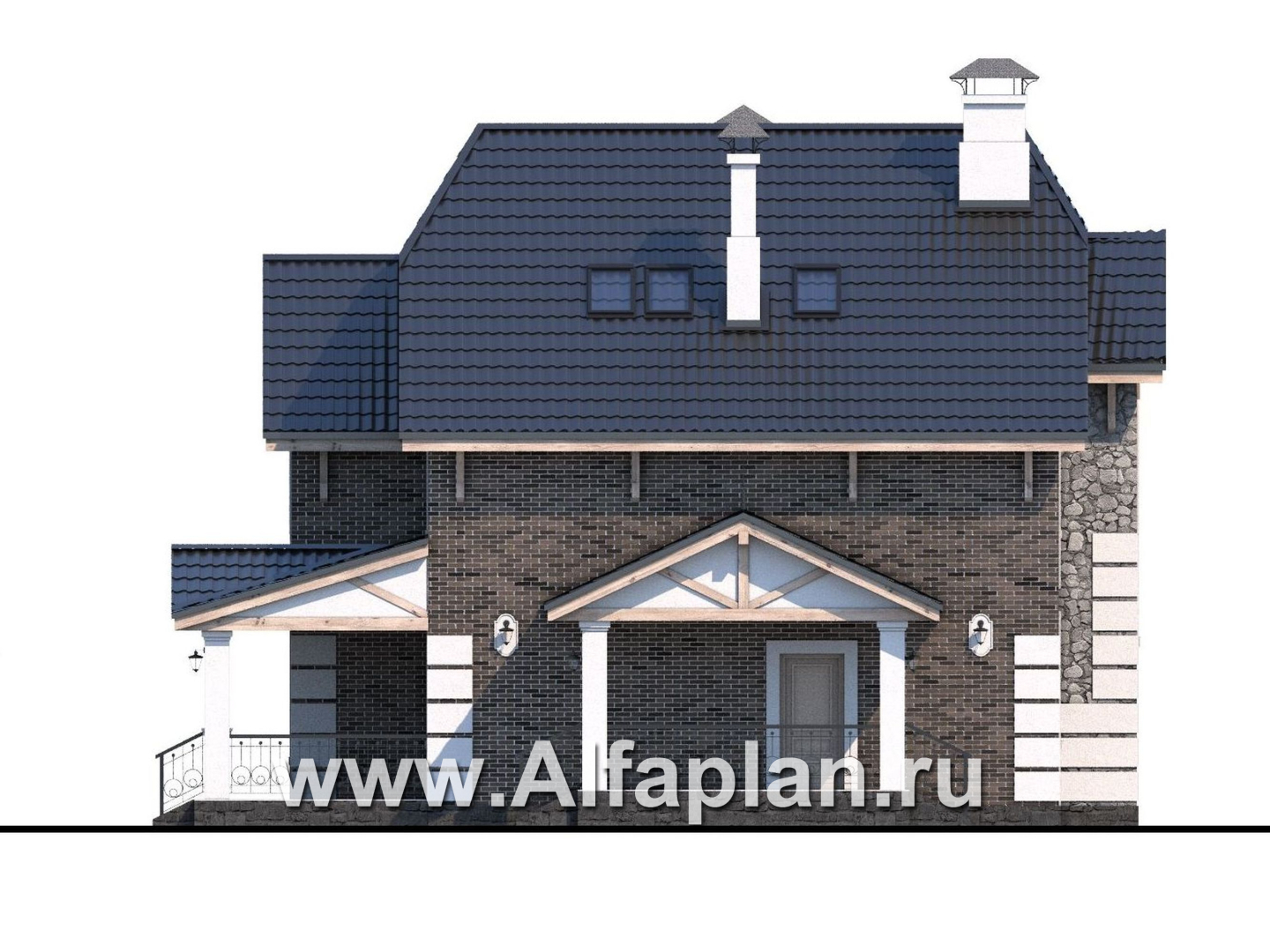 Проекты домов Альфаплан - «Ясная поляна»- коттедж для большой семьи с гаражом и бильярдной - изображение фасада №2