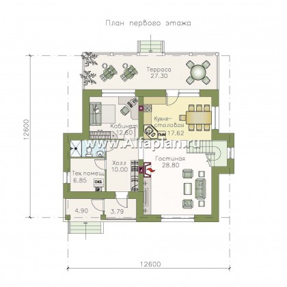 «Новая пристань» - проект дома с мансардой, из газоблоков, планировка с кабинетом на 1 эт, с террасой - превью план дома