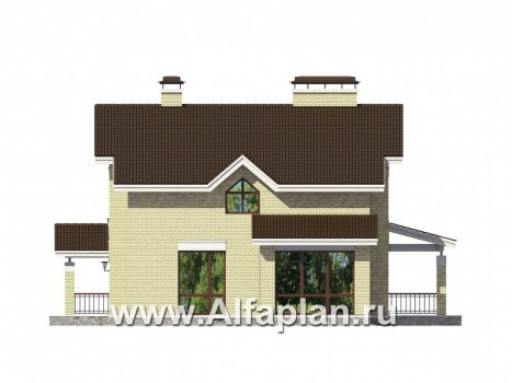 Проект двухэтажного дома из кирпича, с террасой и навесом на 1 авто - превью фасада дома