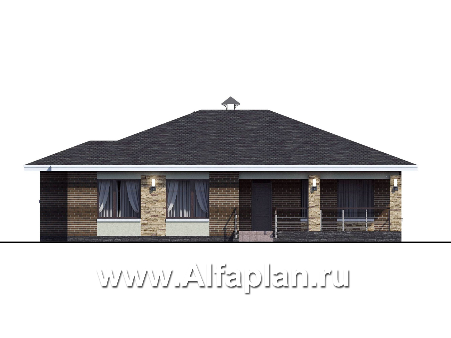 Проекты домов Альфаплан - «Вуокса» - проект одноэтажного дома из кирпича с комфортной планировкой - изображение фасада №1
