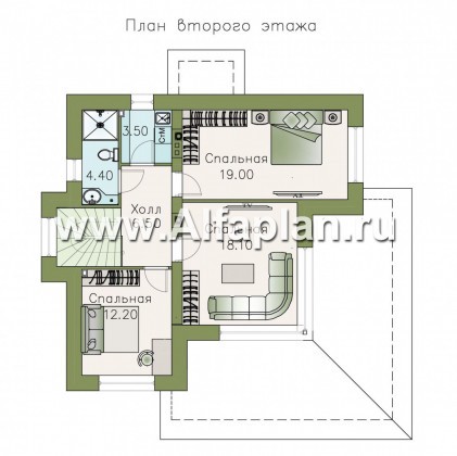 «Квантум» - современный двухэтажный дом, планировка с террасой и сауной, для углового участка - превью план дома