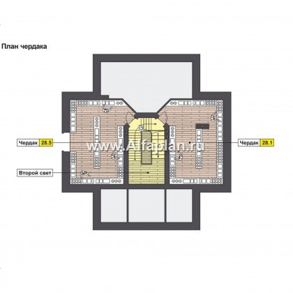 Проект двухэтажного дома, план с гостевой на 1 эт и с террасой, мастер спальня, сауна и бассейн в цоколе, в русском стиле - превью план дома