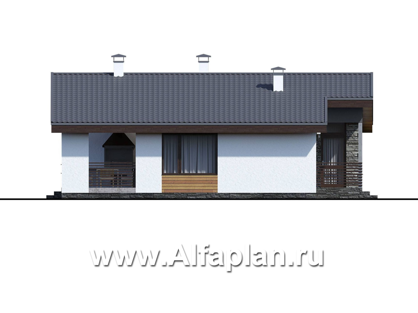 Проекты домов Альфаплан - «Калисто» - одноэтажный коттедж с островным камином в гостиной - изображение фасада №3