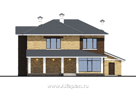 «Орлов» - проект двухэтажного дома из кирпича, с террасой и балконом, планировка с лестницей в центре, с гаражом на 2 авто - превью фасада дома