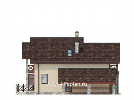 Проект дома с мансардой, планировка с кабинетом на 1 эт и навесом на 1 авто, с угловой террасой - превью фасада дома